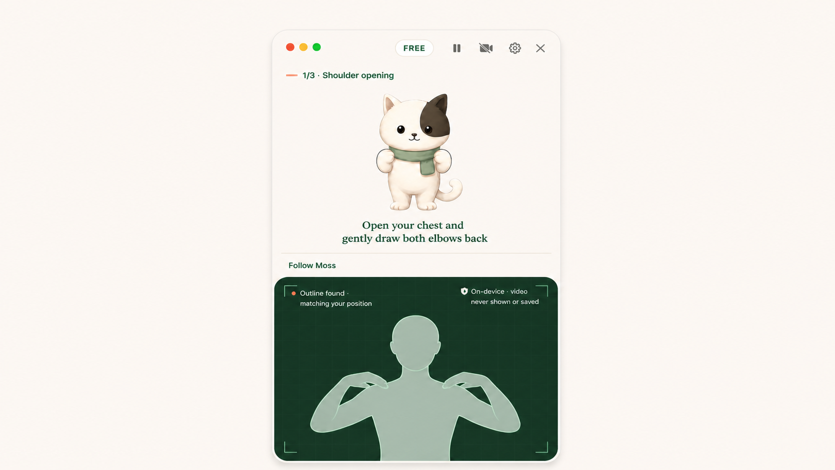 Purrch coaching a shoulder-opening movement while an anonymous upper-body outline follows